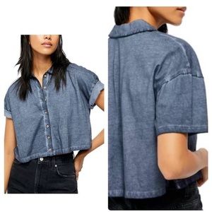 Free People Blue Short Sleeve Button-Up Top